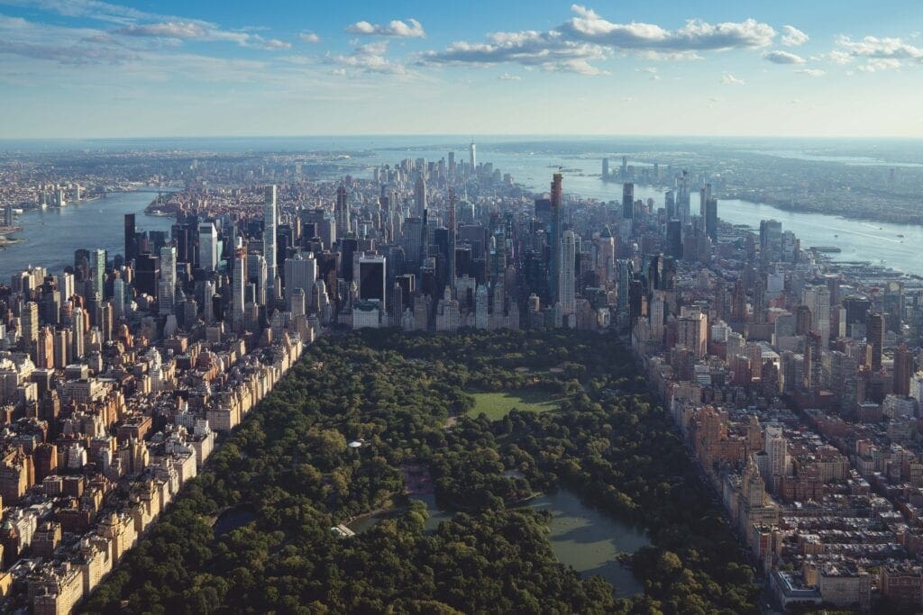 Aerial view of central park in New York City showcasing skyviews.