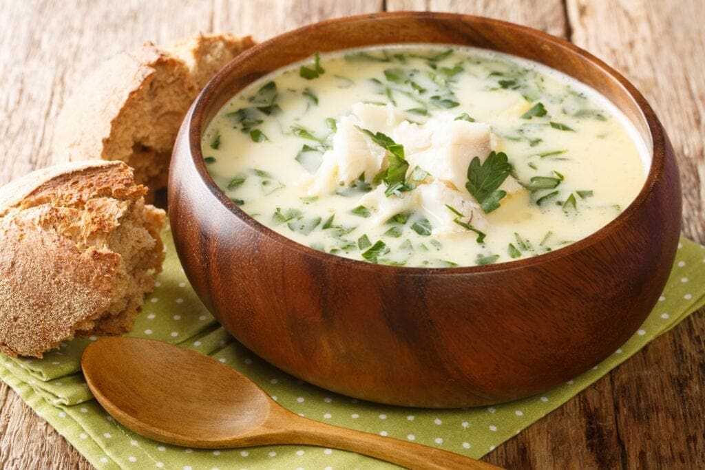 A bowl of Cullen Skink soup and bread 