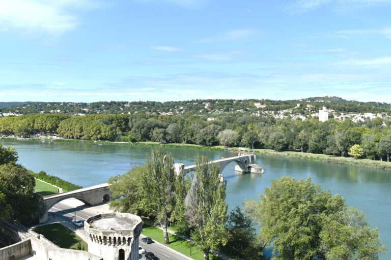 A historic stone bridge crosses a wide river, surrounded by lush green trees under a clear sky—one of the 5x Best things to Do in Avignon for those seeking iconic scenery and timeless charm.