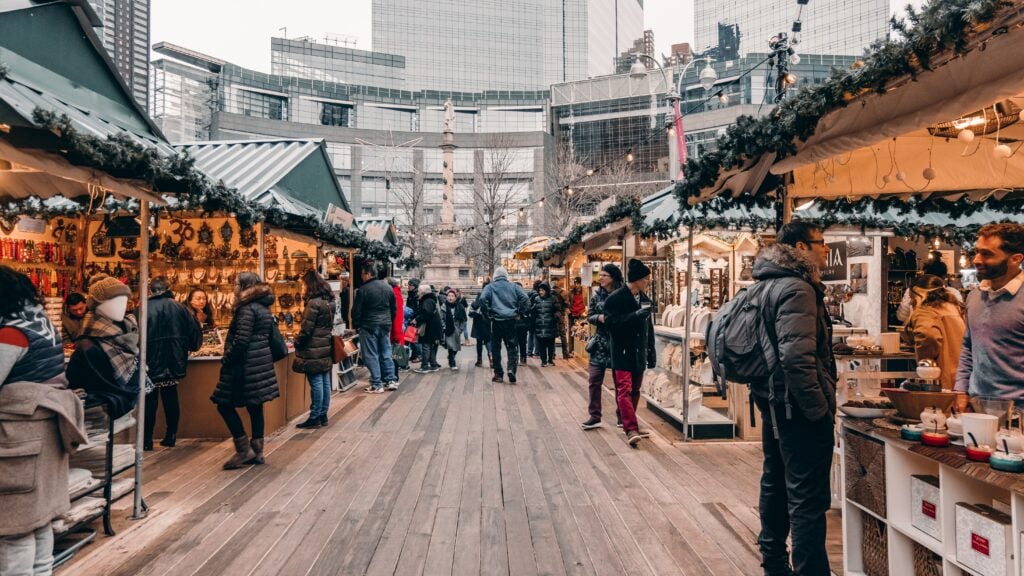 People shopping at a Christmas market in New York City, 