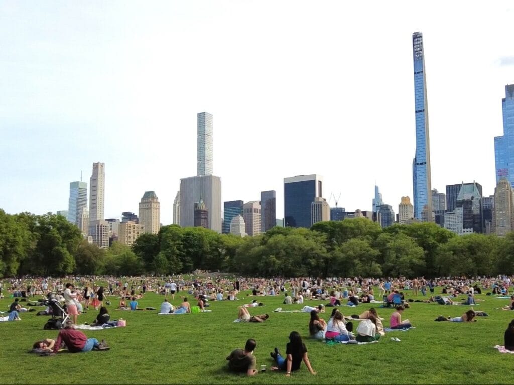In Central Park, a large group of people sit on the grass.
