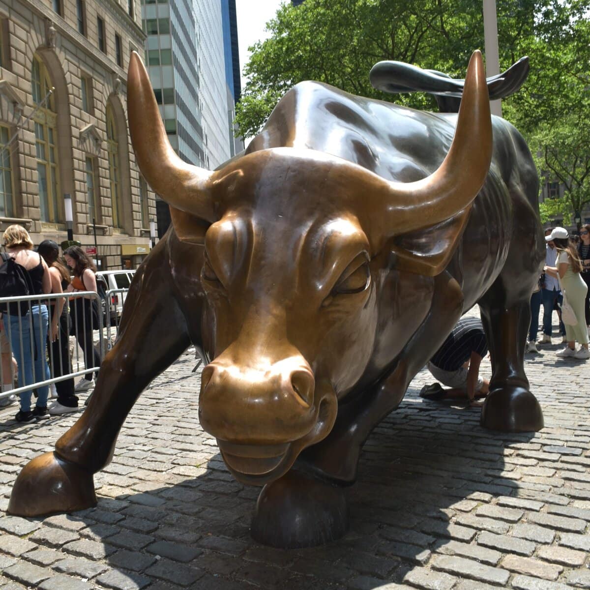 The Charging Bull bronze sculpture in New York City's Financial District basks under a sunny sky, surrounded by people, with views stretching towards Battery Park in the distance.