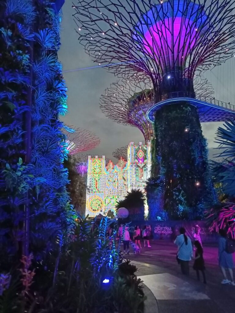 Visitors stroll among the illuminated Supertrees at Gardens by the Bay, one of the most popular attractions in Singapore, during an evening light show.