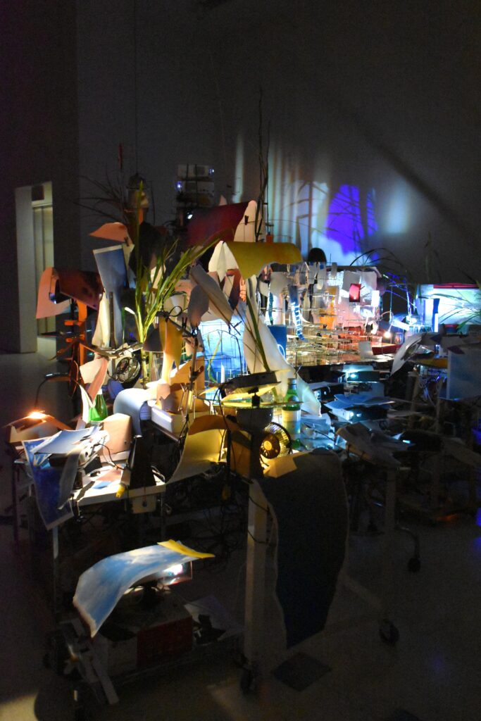 A dimly lit room reminiscent of the Guggenheim Museum in New York, with abstract art adorning the walls, colorful lights casting playful shadows, and plants thriving on cluttered tables.