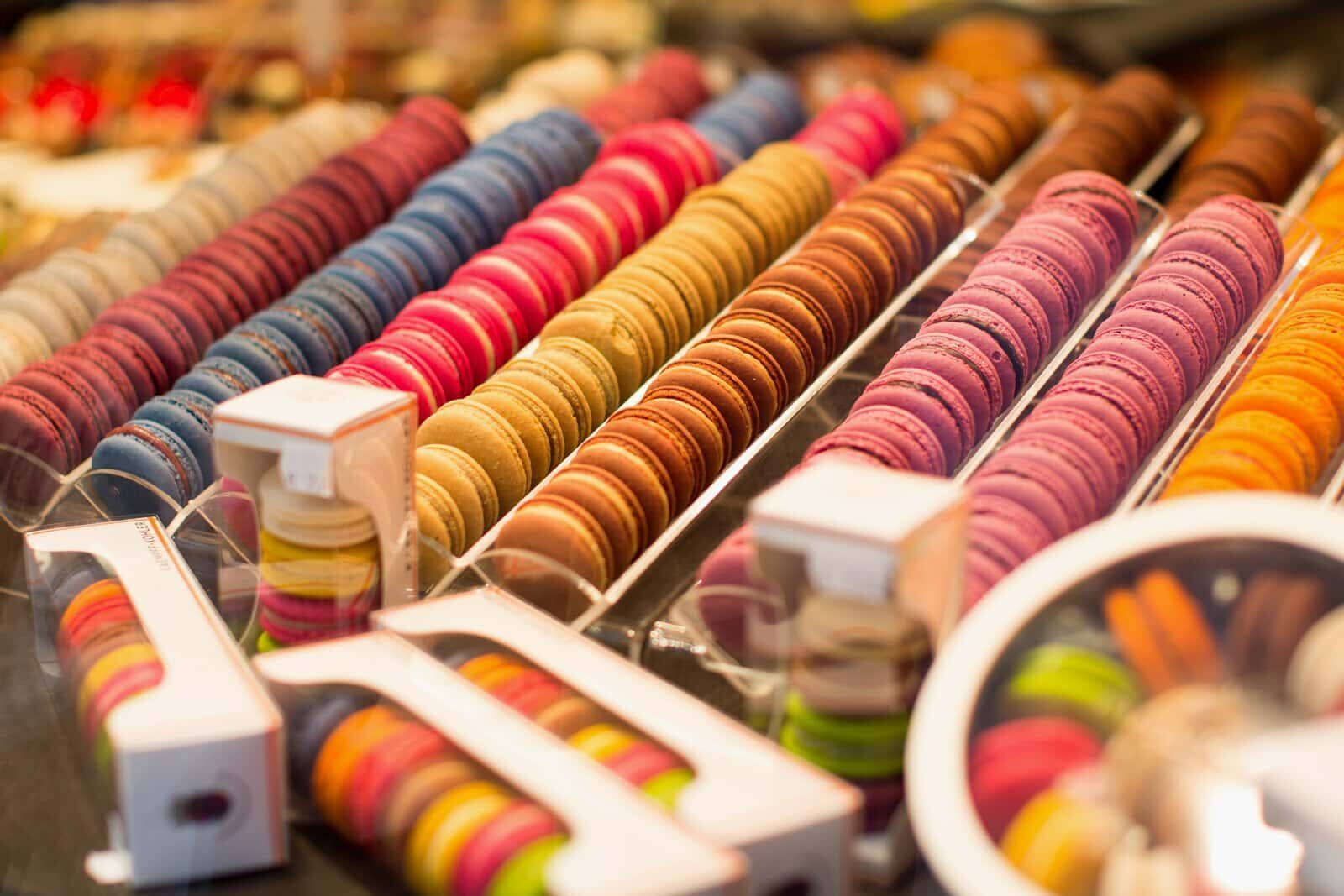 A display of macarons on a table.