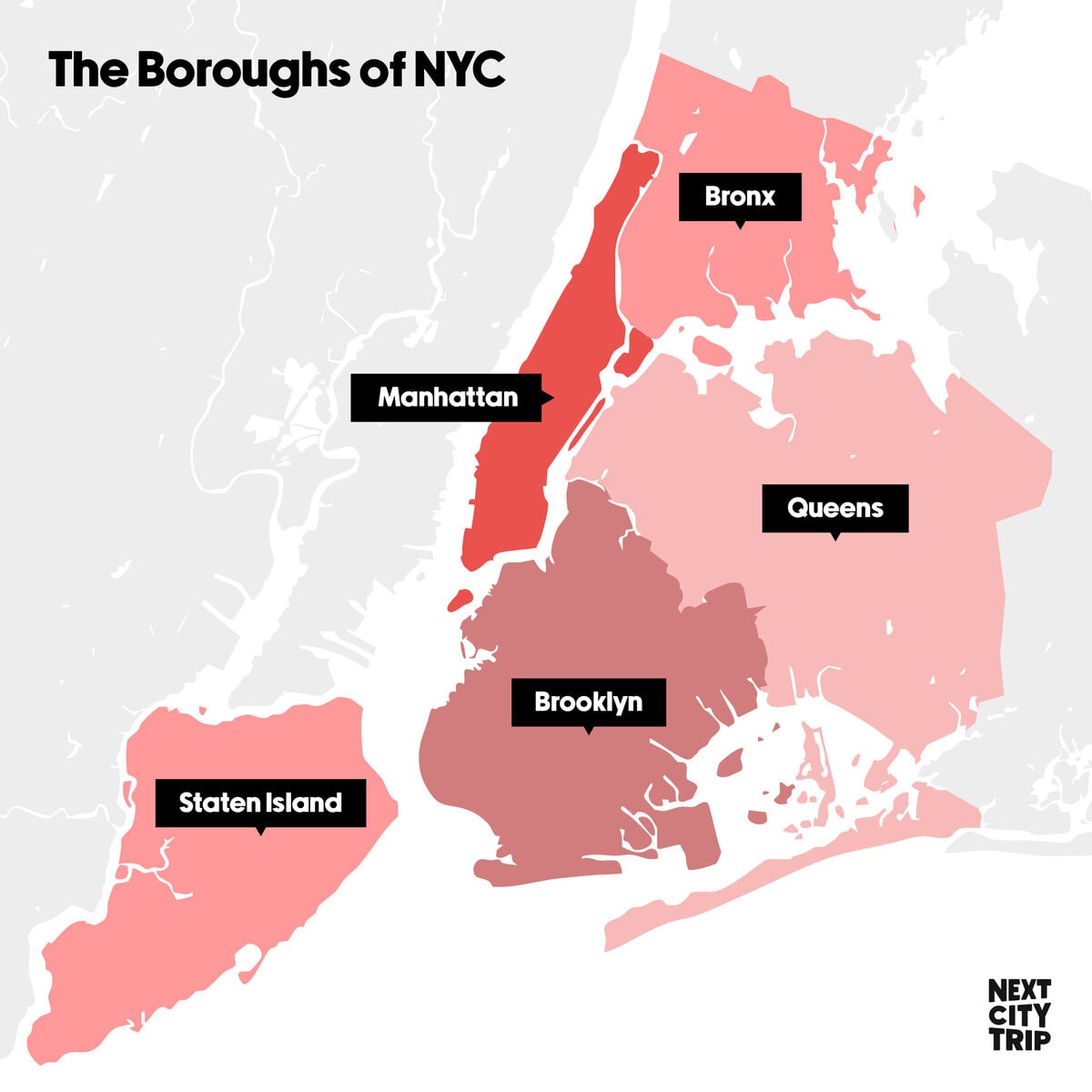 Map of NYC highlighting and labeling the five boroughs of New York City: Manhattan, Bronx, Queens, Brooklyn, and Staten Island.