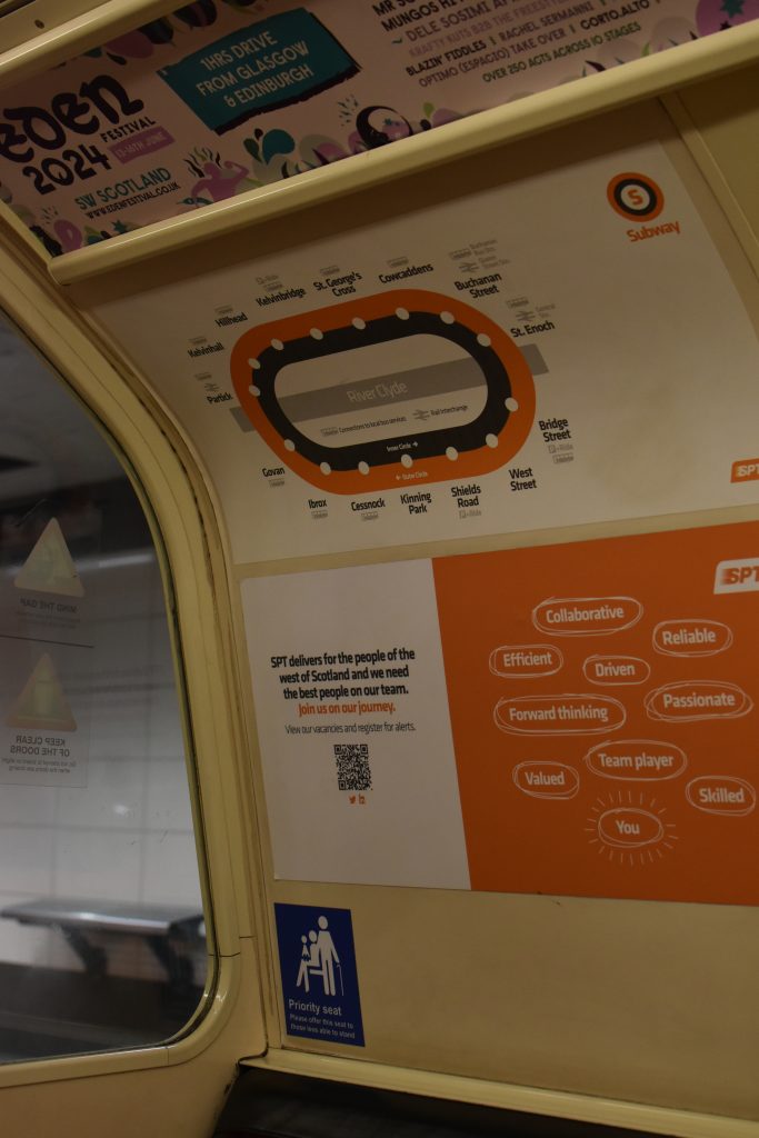 Subway route map and information poster inside a train, with a priority seat sign visible nearby—perfect for learning how to get around in Glasgow.