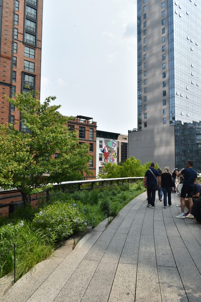 Visit the High Line as people walk along a city park path lined with greenery, with tall buildings in the background.