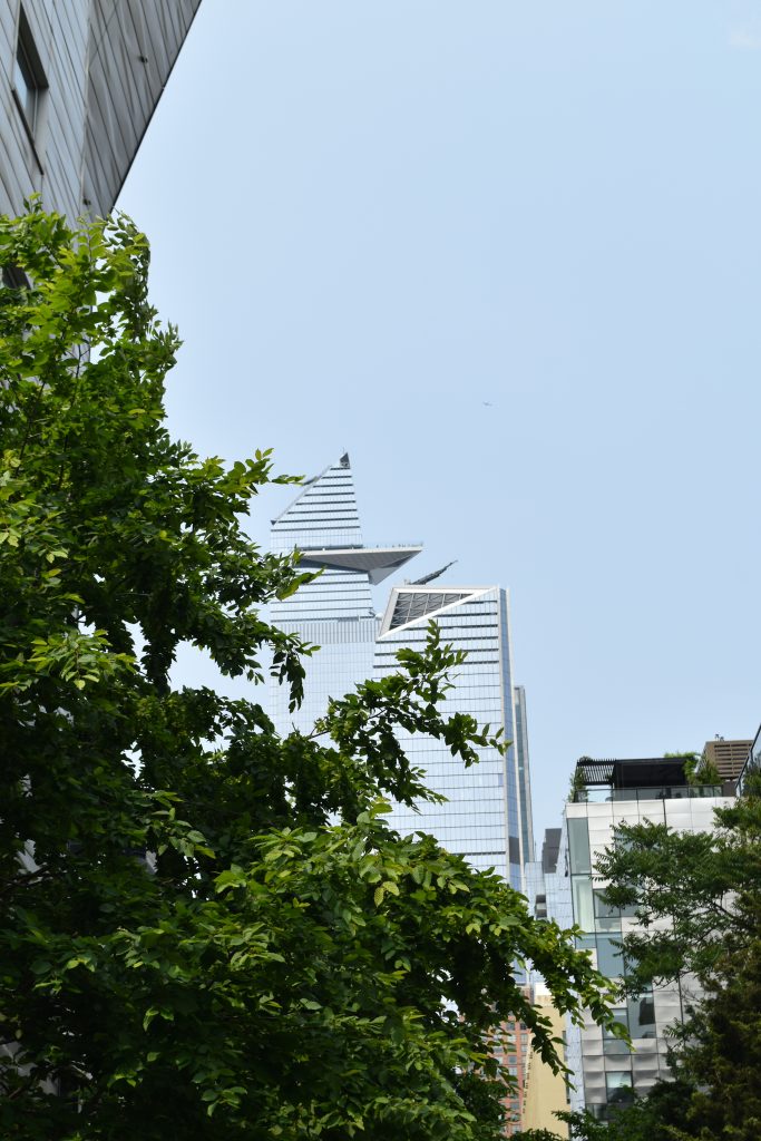 Tall modern skyscraper partially hidden by green leafy trees against a clear blue sky—perfect scenery to enjoy when you visit the High Line.