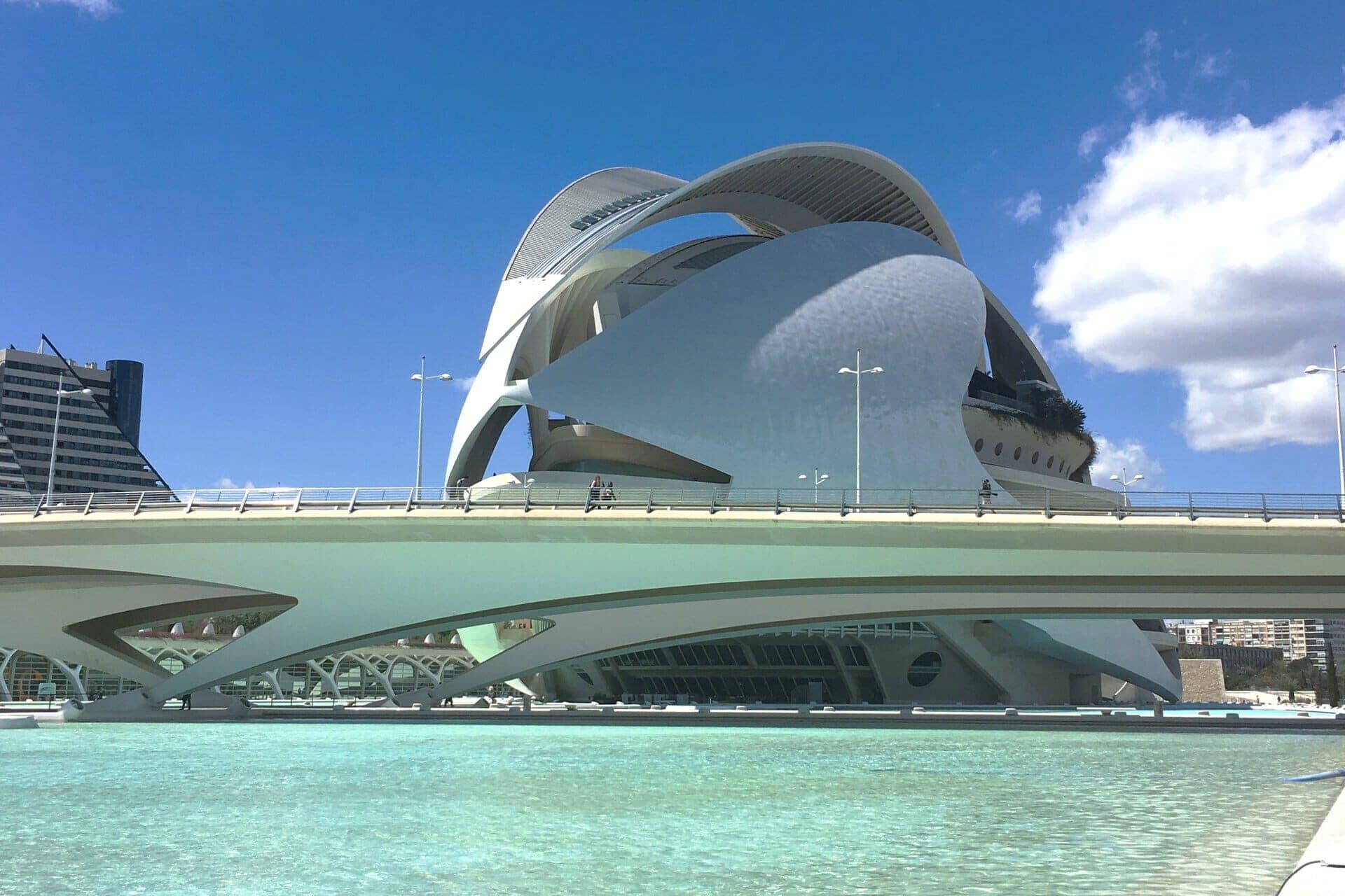 Futuristic white building with curved shapes at Ciutat de les Arts i les Ciències, featuring a bridge and clear blue water under a bright sky.