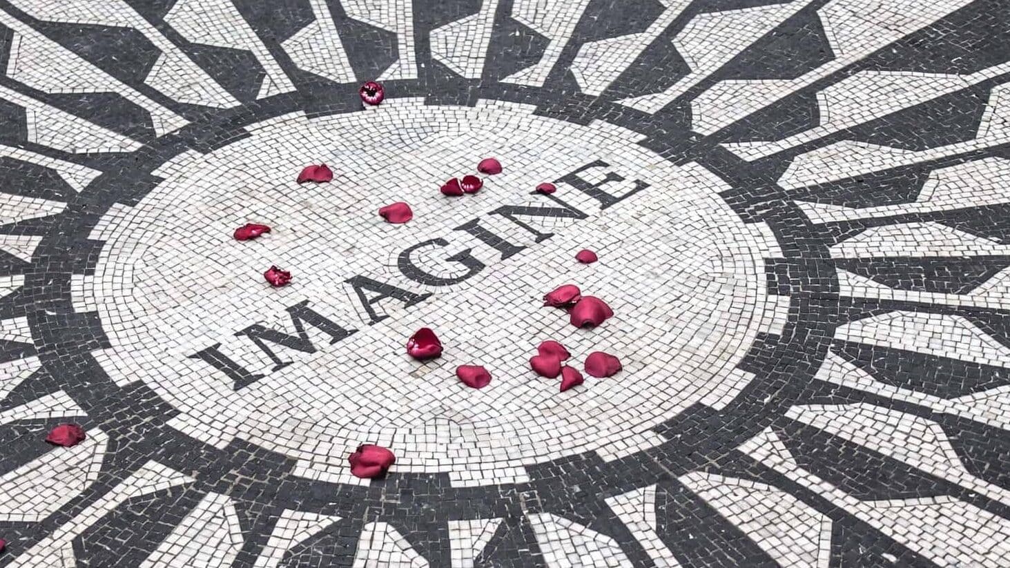 A red rose is placed in the middle of a mosaic floor with the word imagine.